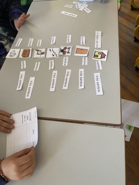 Une table d'écolier sur laquelle sont disposées des étiquettes imprimées présentant des mots, groupes de mots ou images.